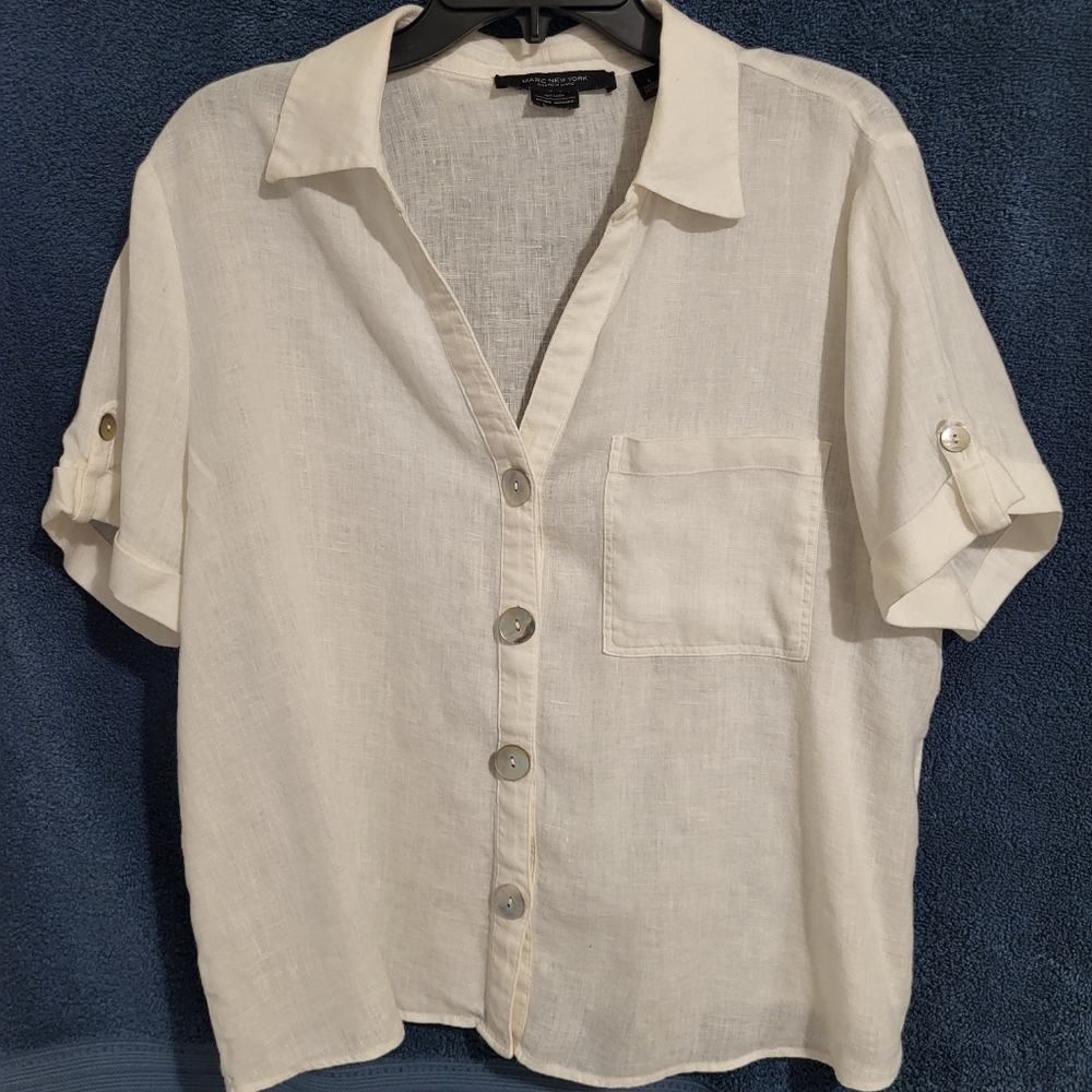Marc New York Off-White Casual Button Down 100% Linen Shirt Size Large